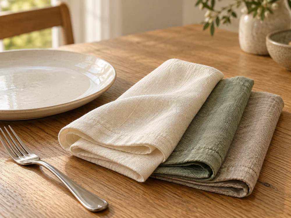 Folded cloth napkins beside a simple table setting