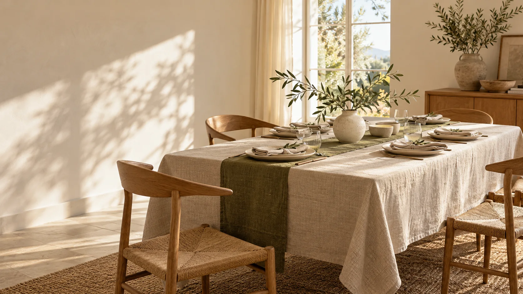 Dining table styled with a tablecloth, runner, and cloth napkins