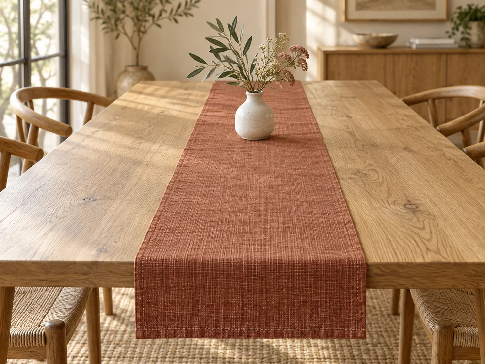 Table runner centered on an otherwise uncovered dining table