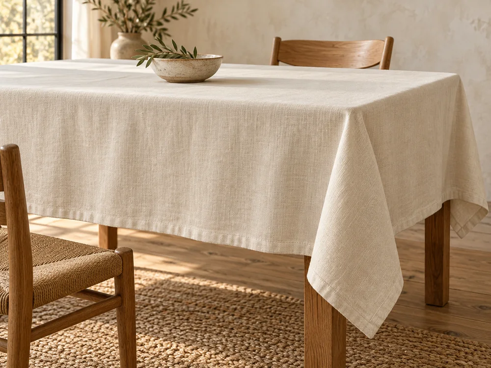 Fabric tablecloth covering a rectangular dining table with visible edge drape
