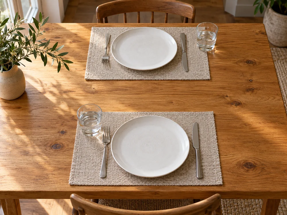 Separate textile placemats beneath dining place settings